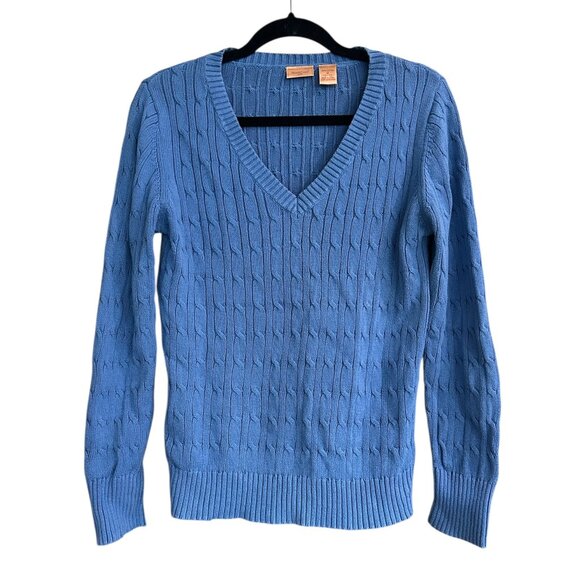 NorthCrest Women’s Powder Blue Cable Knit Cotton V-Neck Sweater Sz M Cabincore - Picture 1 of 4